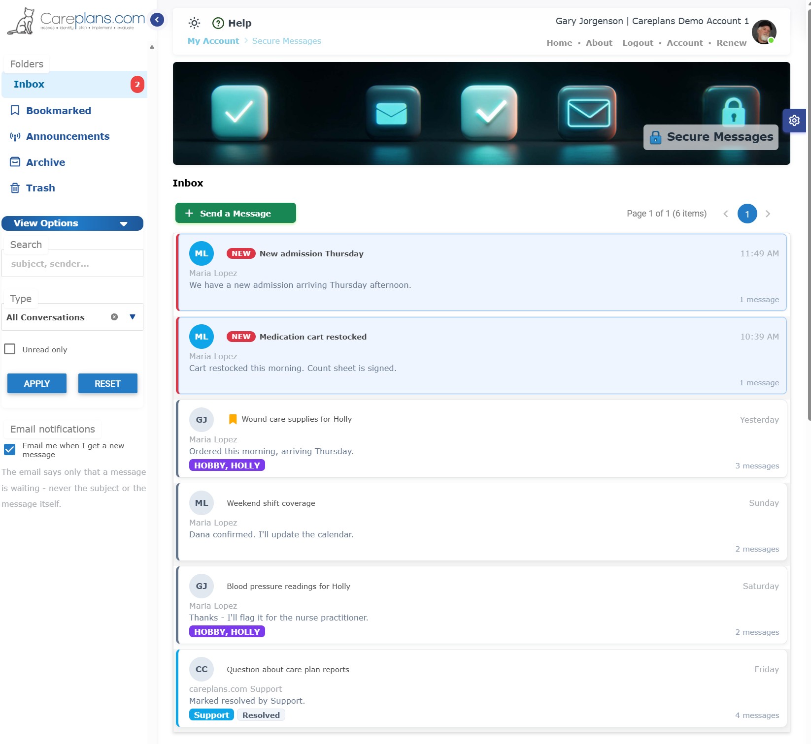Secure Messaging inbox with unread conversations
