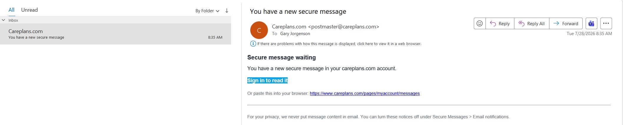 The notification email, containing no message content