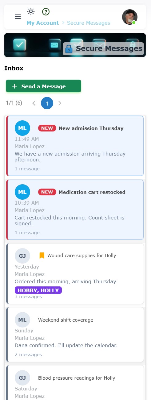 Secure Messaging inbox on a mobile phone